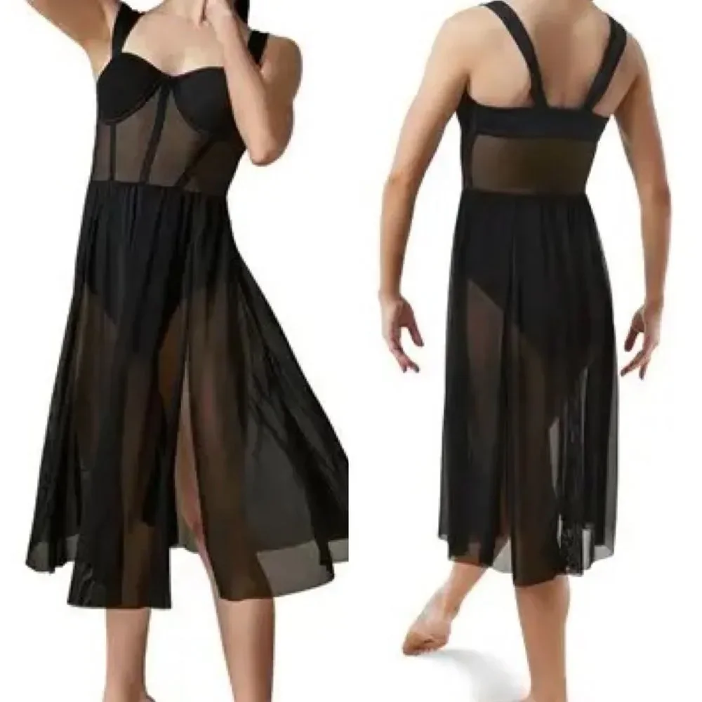 WEISSMAN Dance Costume maxi black corset Bustier Mesh Dress D10563 Adult XSA